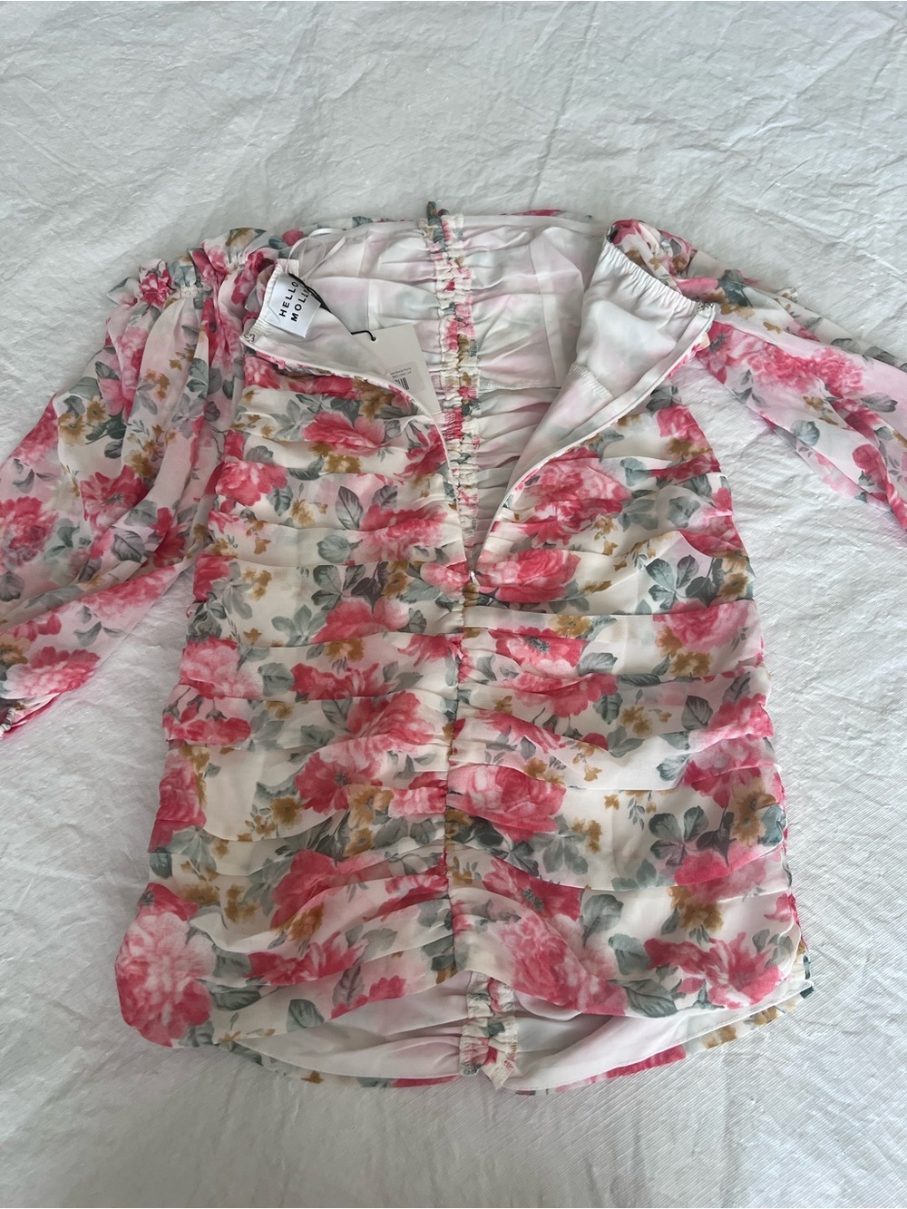 Hello Molly NEW Ruched Bodycon RUSH Dress Size XS Wild Freesia Pink Puff Sleeve - Picture 8 of 15